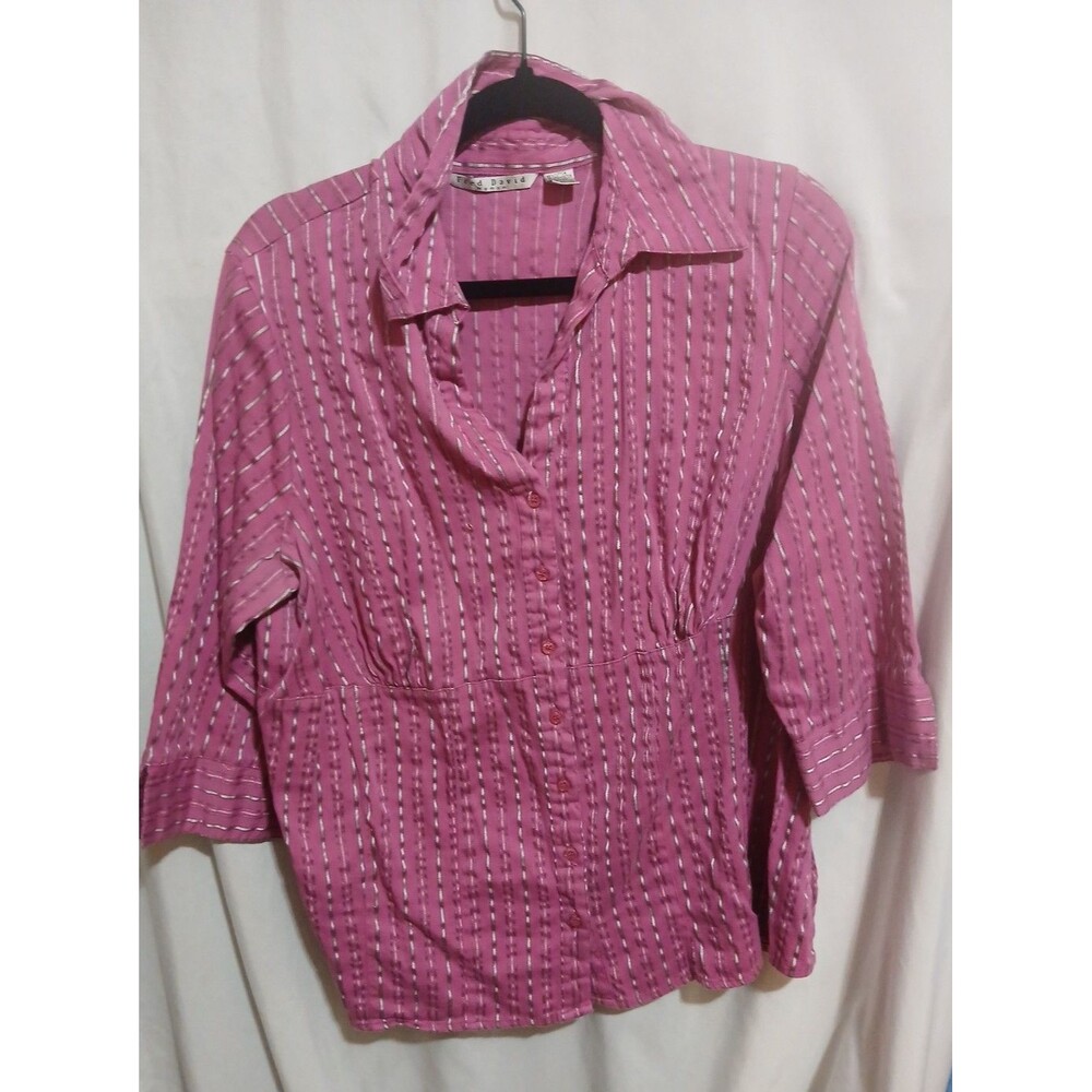 FRED DAVID Women's 1X  Pink Orange White Grey Striped Button Up Blouse Shirt